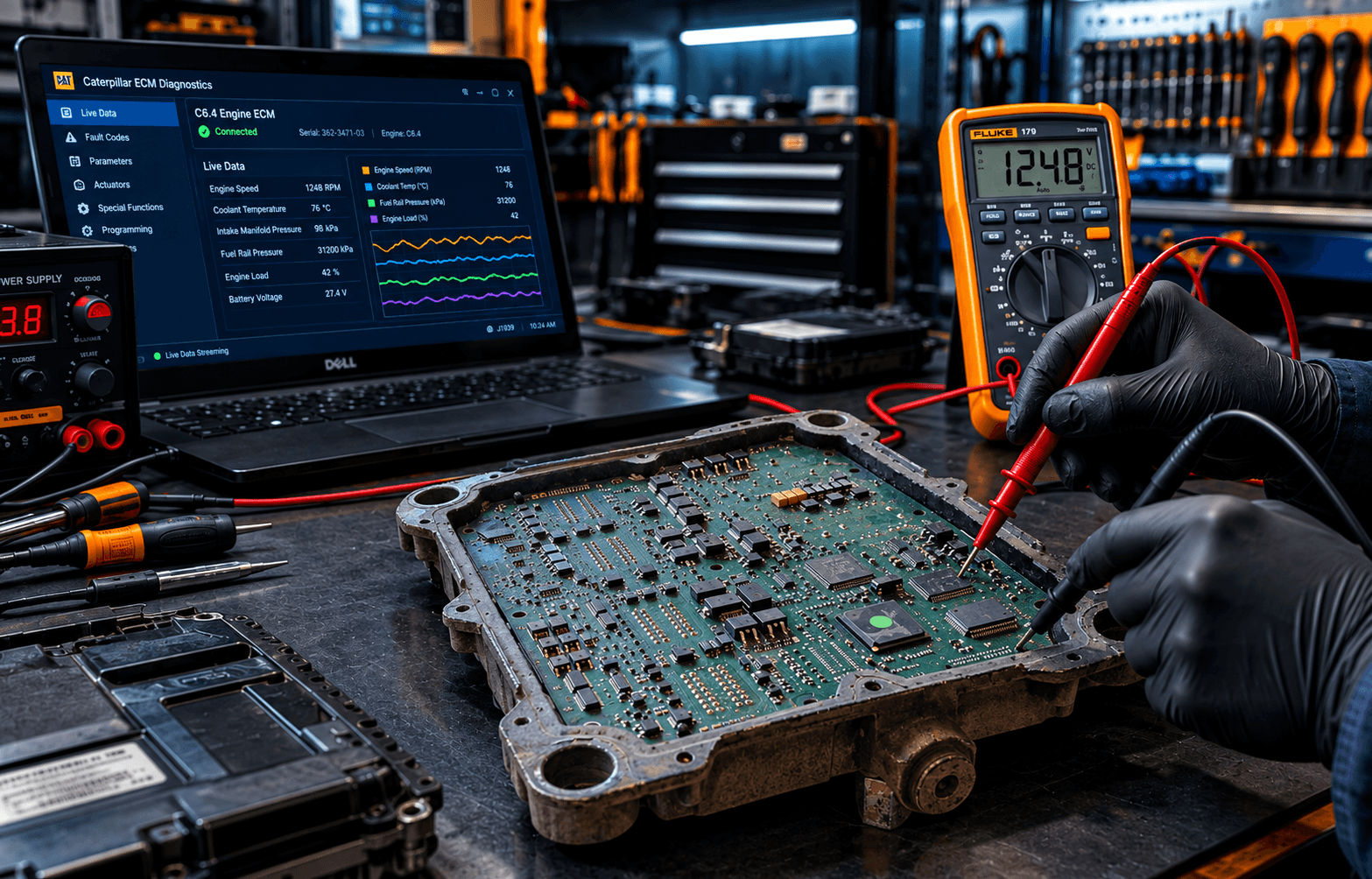 ECMS technician diagnosing a heavy machinery ECM