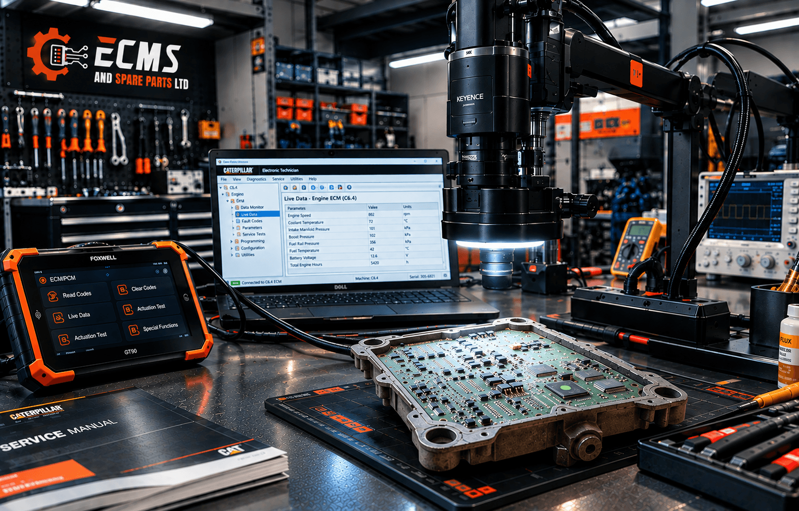 ECMS technician using diagnostic microscope equipment on an ECM board in the workshop