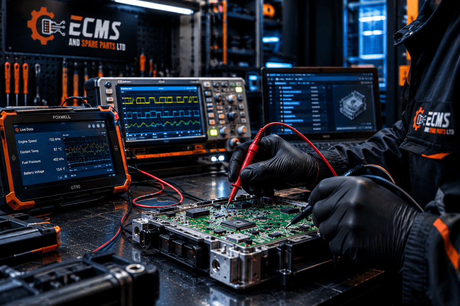ECMS technician probing an ECM circuit board with a multimeter, beside an oscilloscope, diagnostic tablet and laptop in the workshop